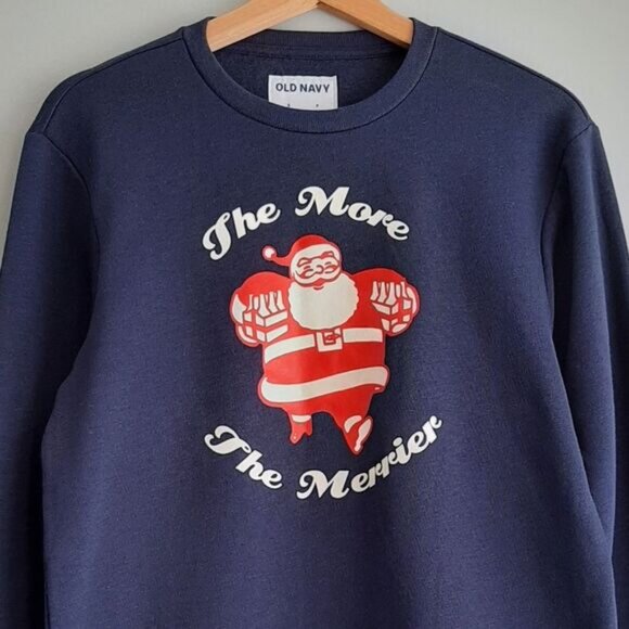 OLD NAVY Santa Claus Festive Decal Crewneck Pullover Sweatshirt Navy Blue Sz S - Picture 2 of 11